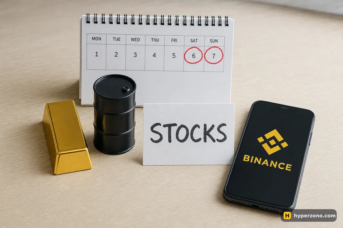 Gold bar, oil barrel and a STOCKS card beside a phone with the Binance logo and a calendar with SAT and SUN circled
