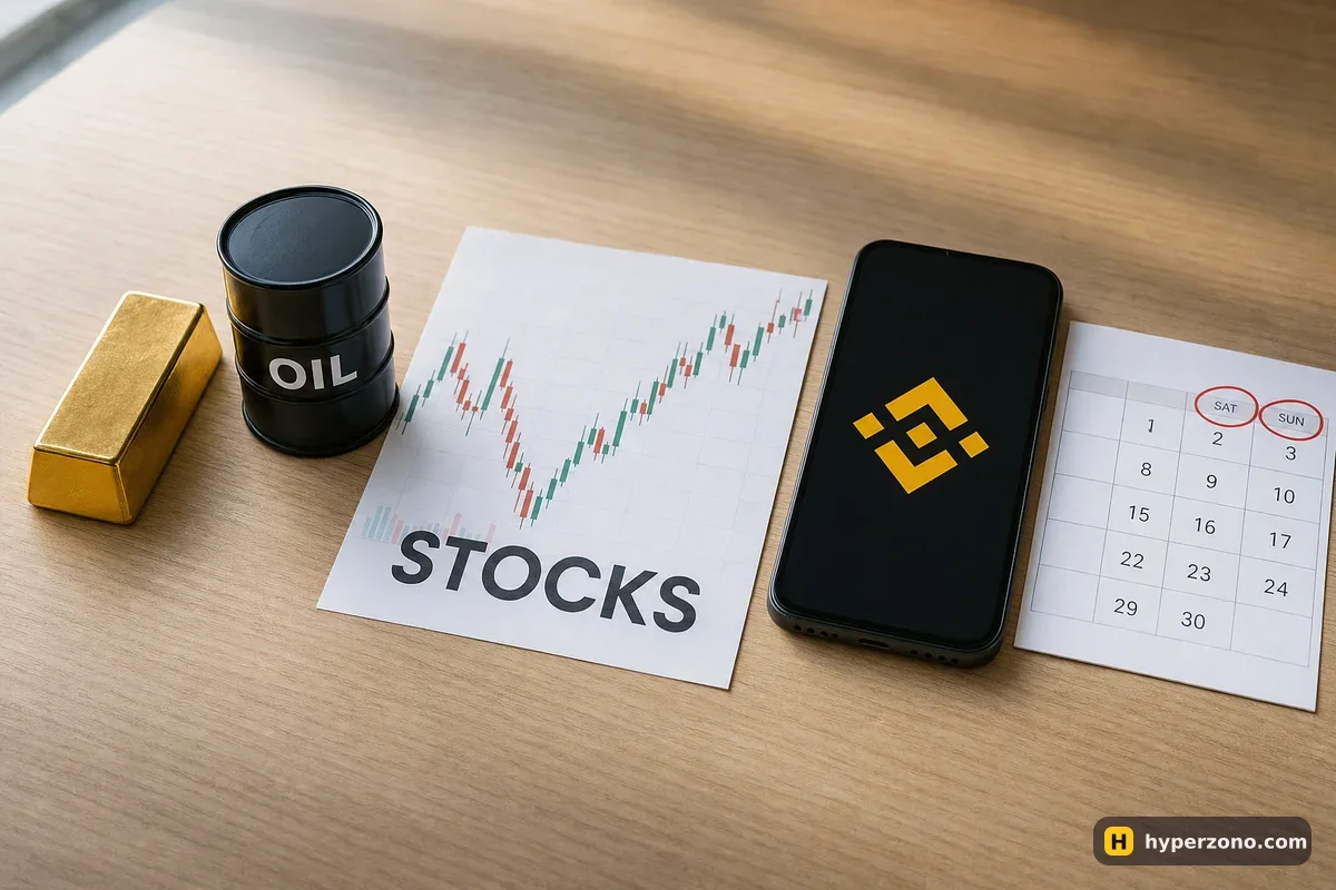 Gold bar, oil barrel, stock chart printout and a phone with the Binance logo on a desk next to a calendar with Saturday and Sunday circled