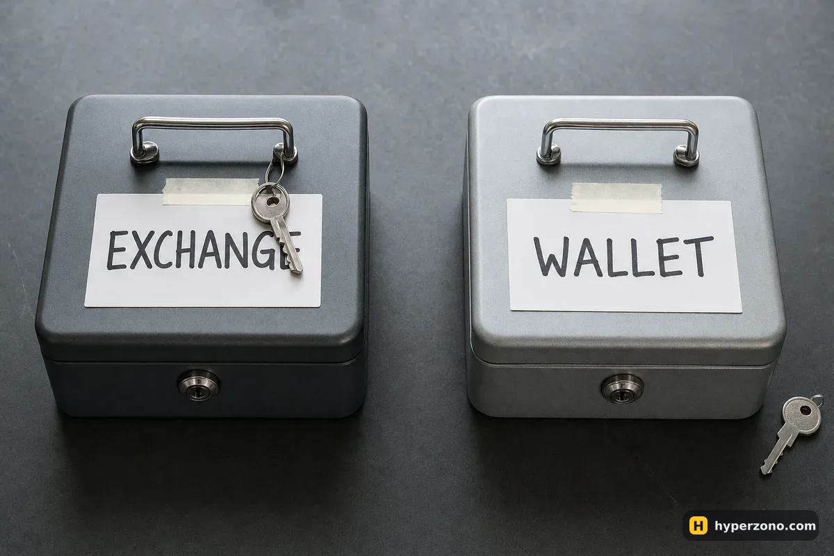 Two metal lockboxes labelled EXCHANGE and WALLET; one key is attached to the box, the other lies loose on the desk