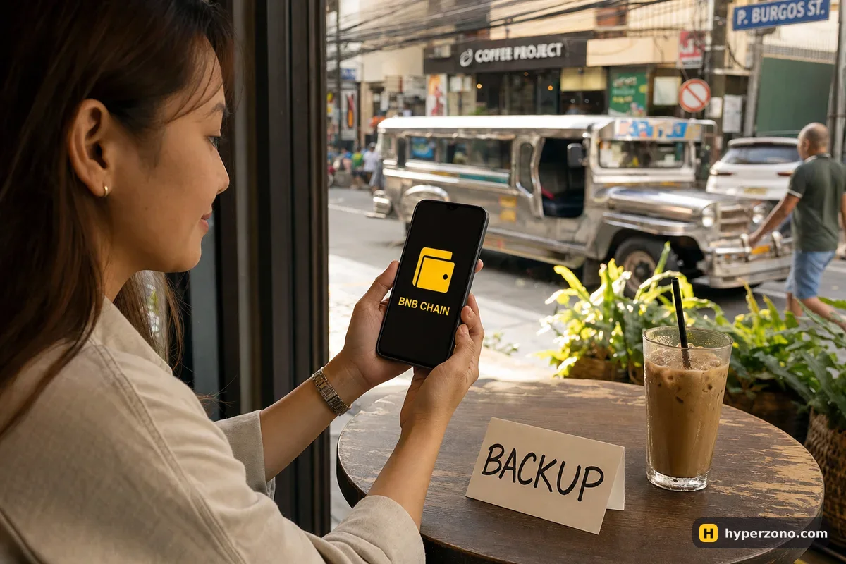 A woman at a café table holding a phone showing a wallet screen, with a paper note reading BACKUP on the table