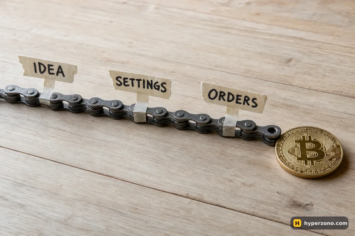 A bicycle chain with three links flagged IDEA, SETTINGS and ORDERS, the last one touching a Bitcoin coin