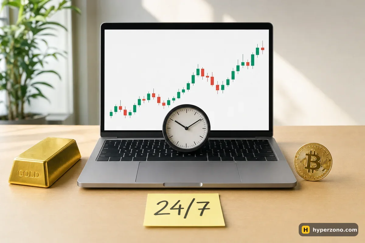 Laptop with a candlestick chart on a desk, a gold bar on one side, a Bitcoin coin on the other, a clock and a 24/7 note