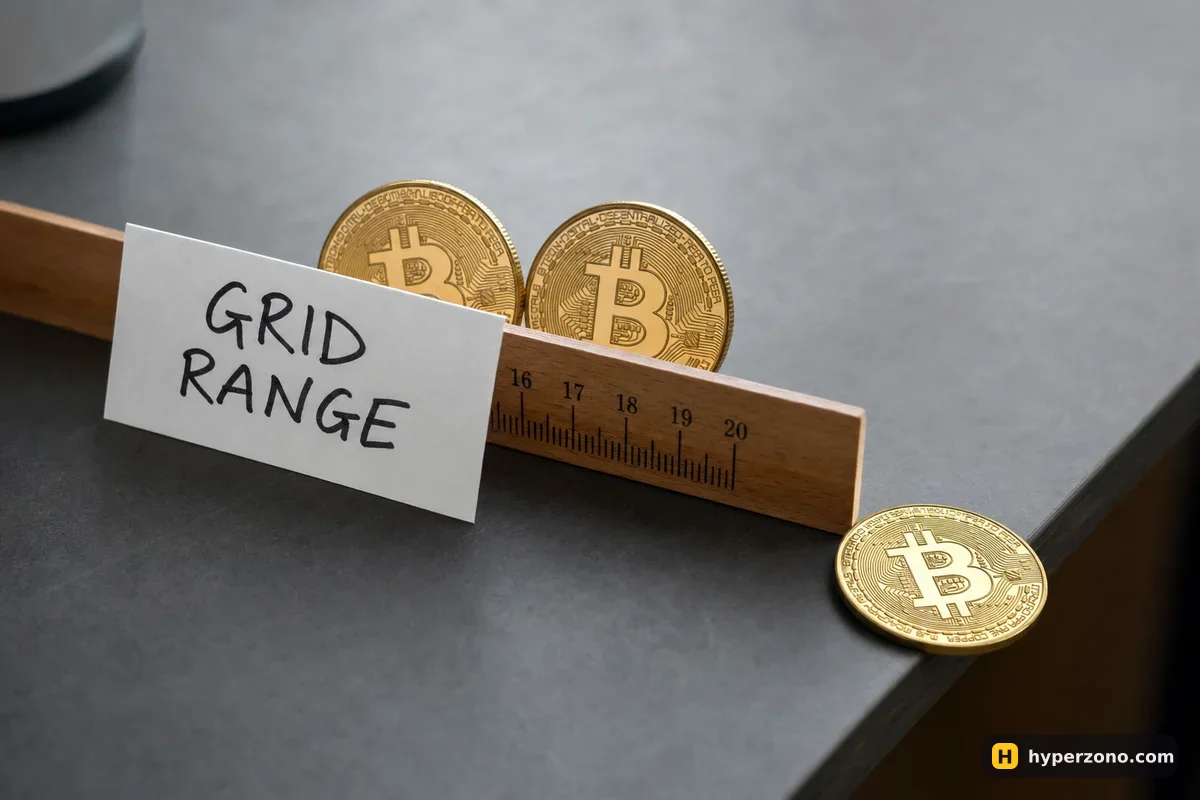 A small wooden fence labelled GRID RANGE with Bitcoin coins behind it and one coin rolling past the end toward the desk edge