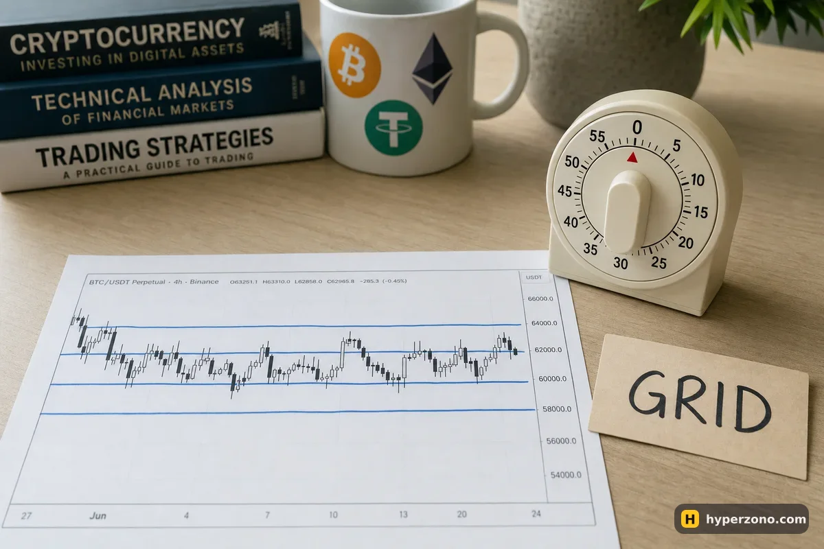 A kitchen timer next to a printed sideways price chart with hand-drawn horizontal grid lines and a tag reading GRID