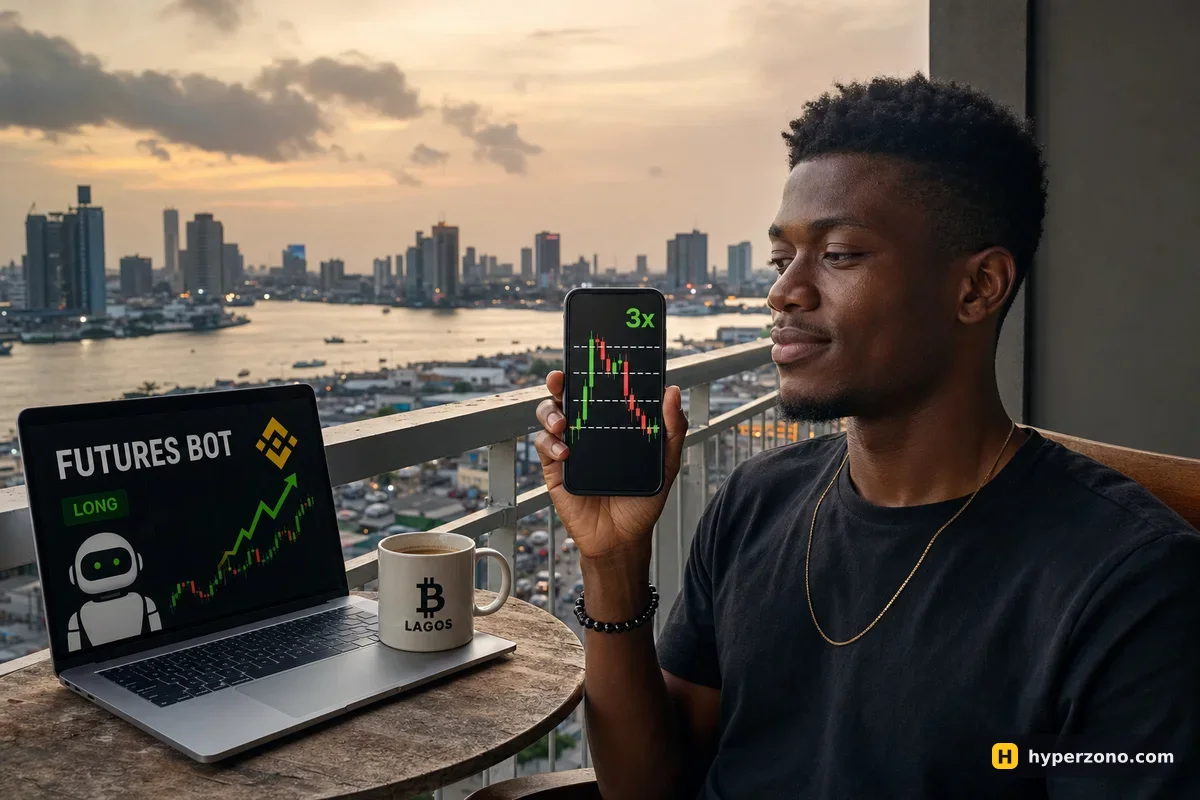 Young man on a balcony checking his phone, which shows a candlestick chart with four horizontal grid lines and a 3x leverage label