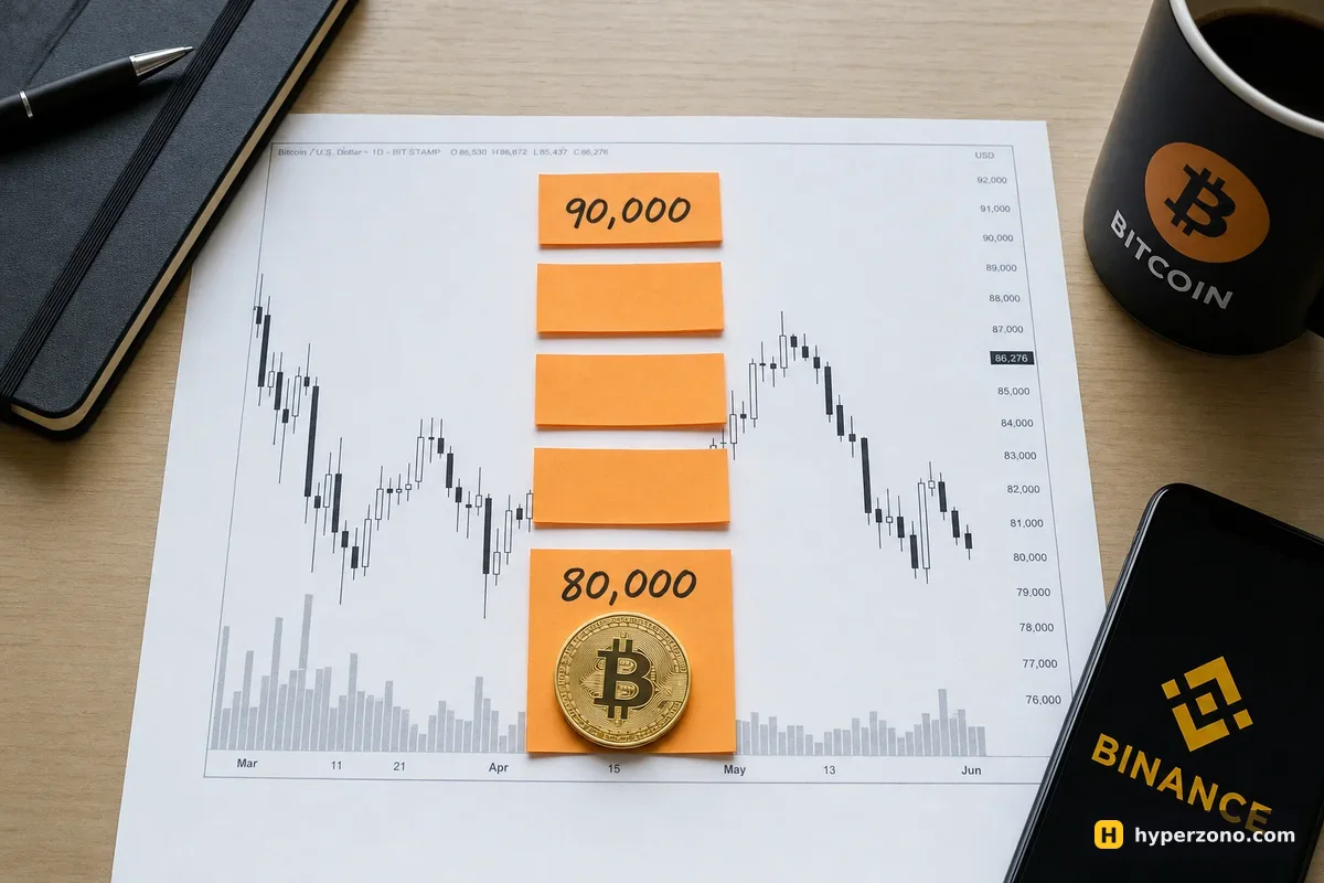 Printed Bitcoin chart with five evenly spaced orange sticky notes marking price levels from 80,000 to 90,000, and a gold Bitcoin coin on the lowest one
