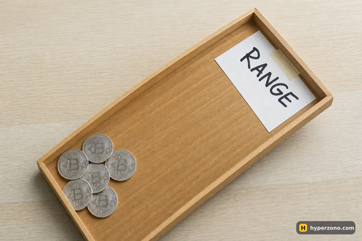 A sloping wooden tray with all the coins slid down into the bottom corner, a card at the top reading RANGE