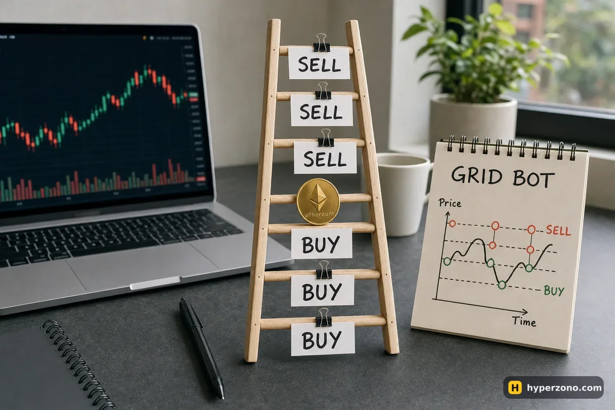 A small wooden ladder with paper tags reading BUY on the lower rungs and SELL on the upper rungs, with a gold Ethereum coin on the middle rung