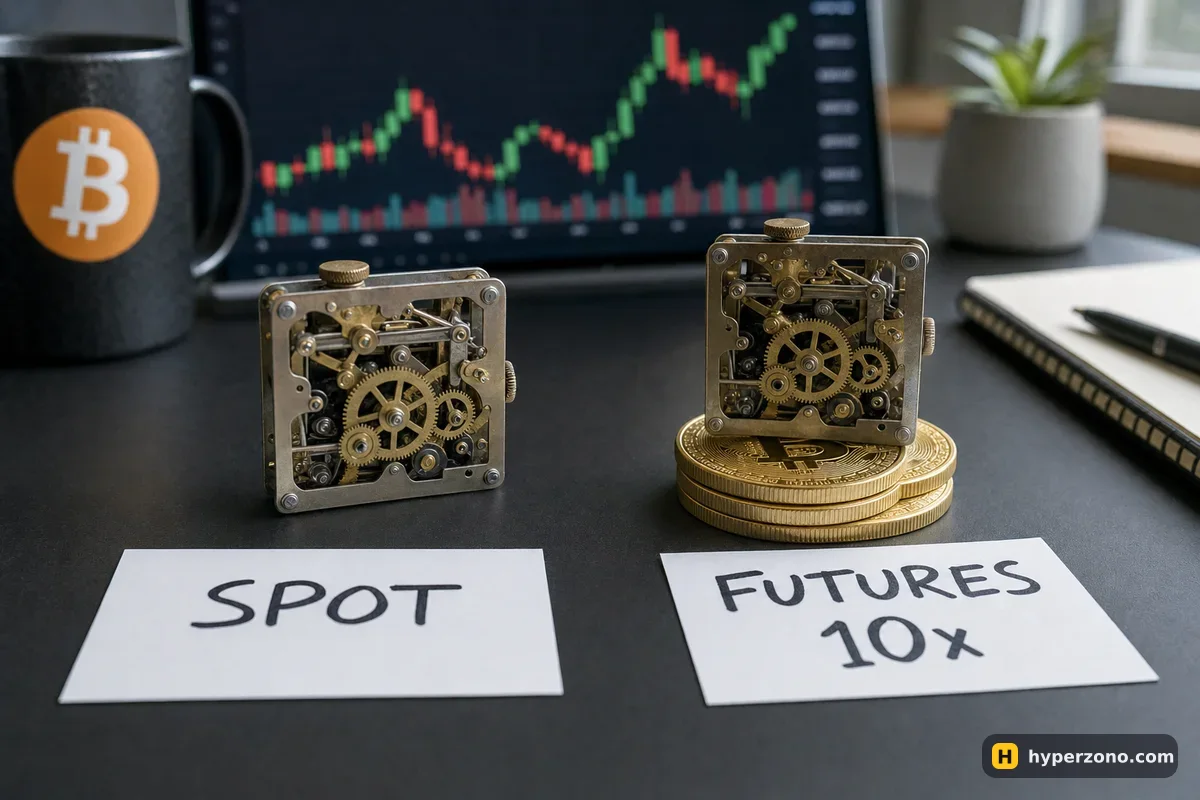 Two identical brass clockwork mechanisms, one flat on the desk labelled SPOT, one raised on a stack of Bitcoin coins labelled FUTURES 10x