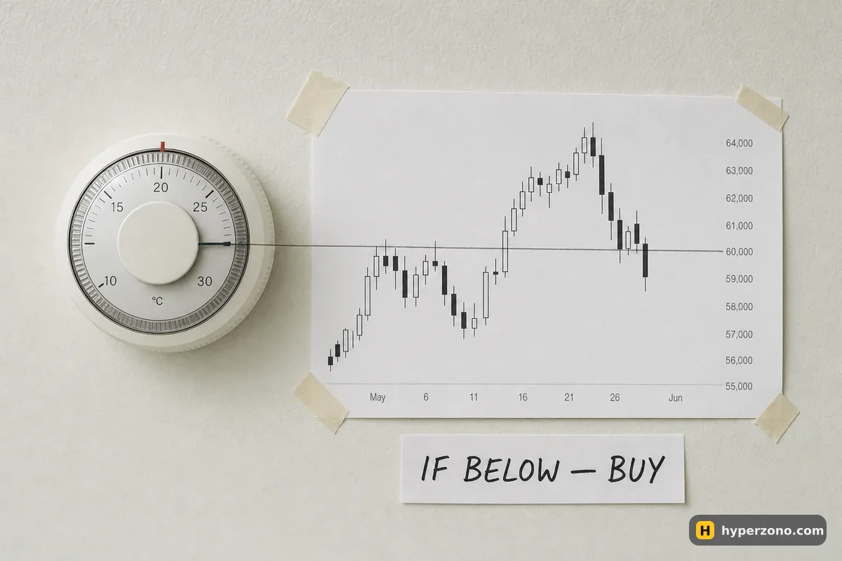 A wall thermostat dial next to a printed candlestick chart with a horizontal line and a note reading IF BELOW — BUY