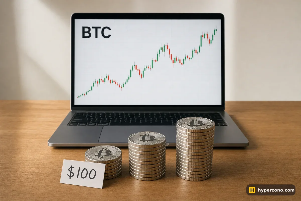 Laptop with a BTC chart and three stacks of Bitcoin coins of different heights with a $100 card