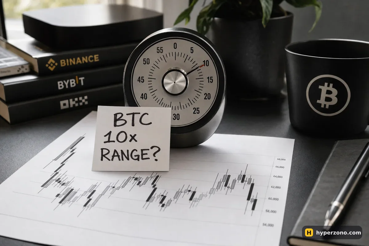 A wind-up kitchen timer set on a desk next to a handwritten card reading BTC, 10x, RANGE, on top of a printed candlestick chart