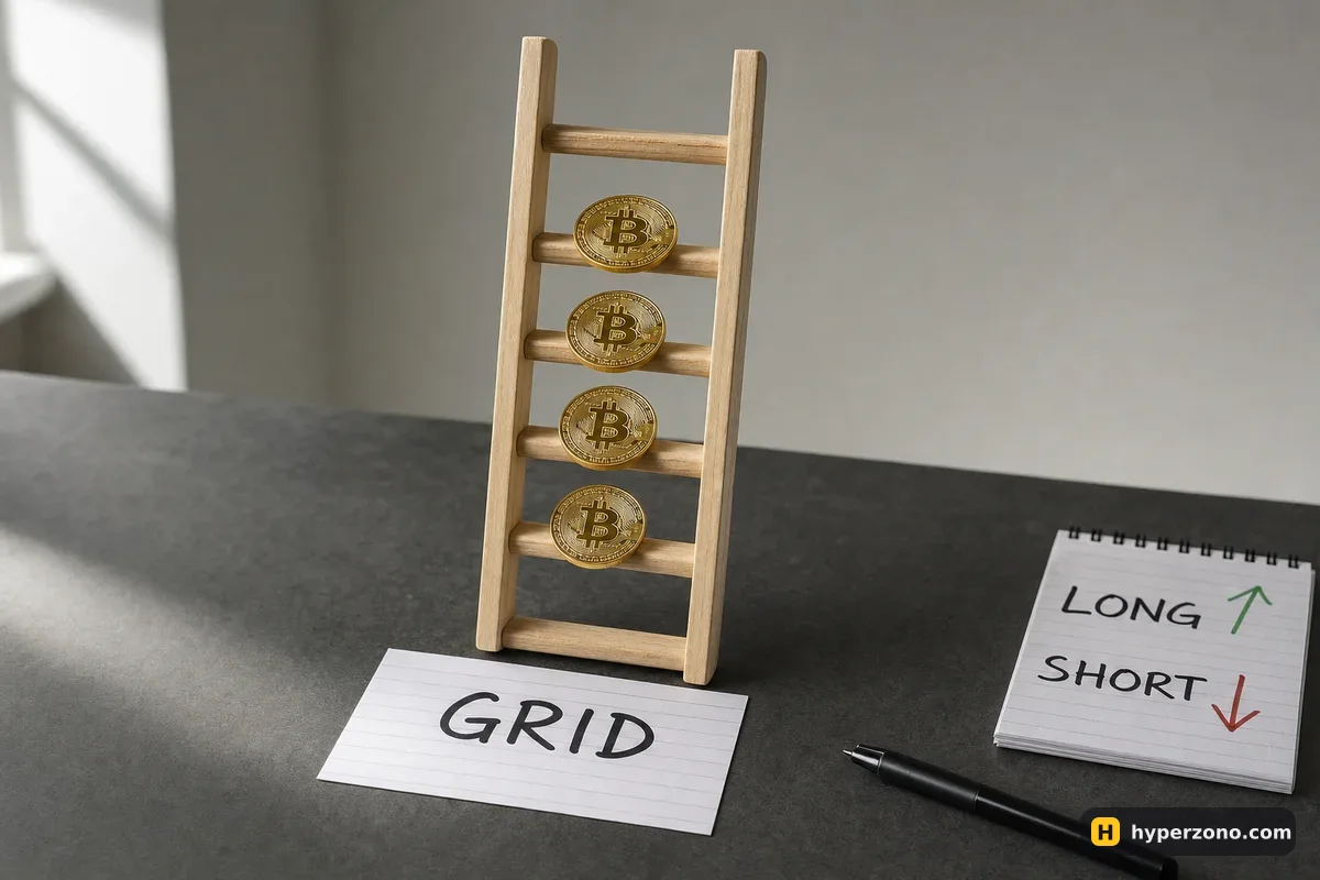 A small wooden ladder with Bitcoin coins on separate rungs next to a card marked GRID