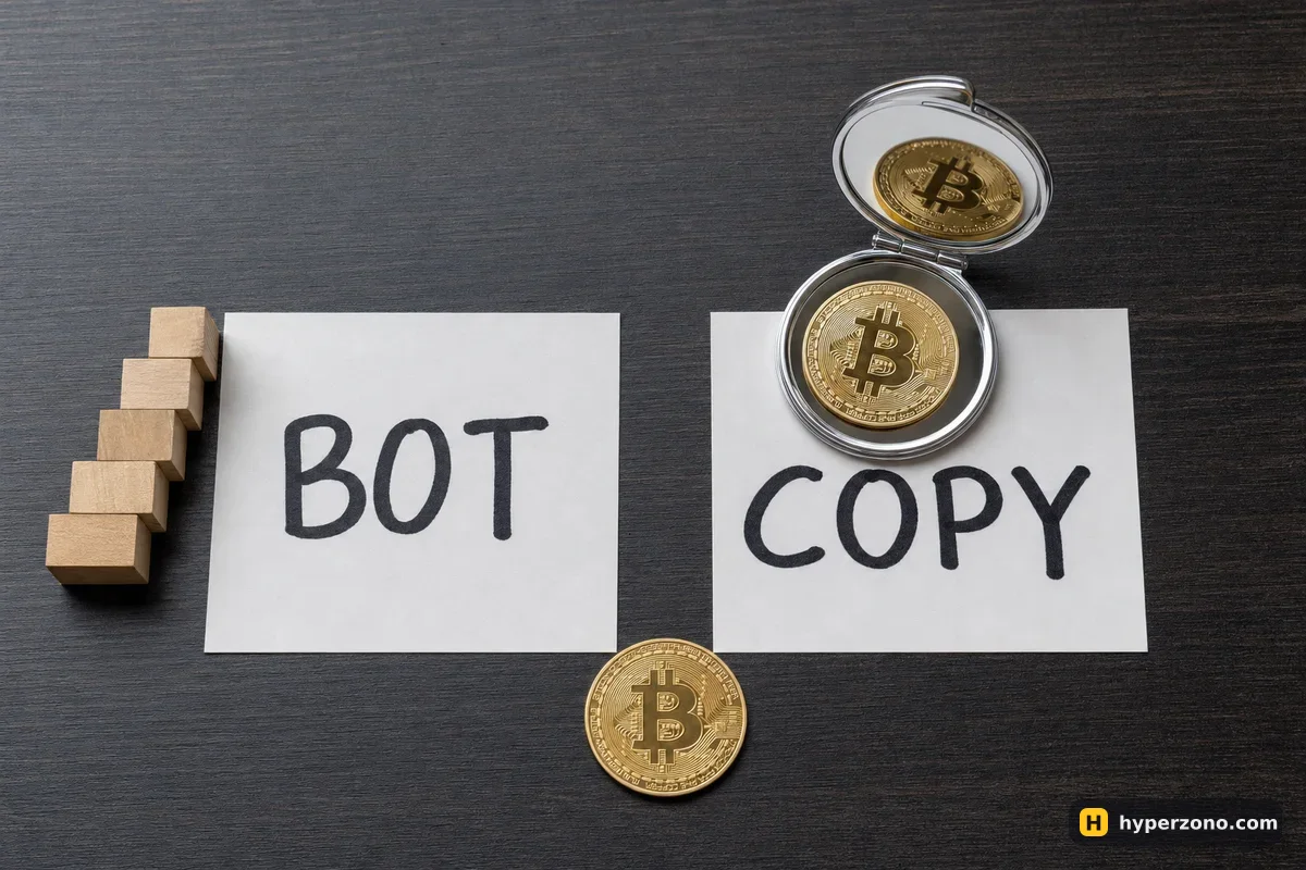 Two index cards on a desk labelled BOT and COPY, with a small ladder of wooden blocks and a pocket mirror reflecting a Bitcoin coin