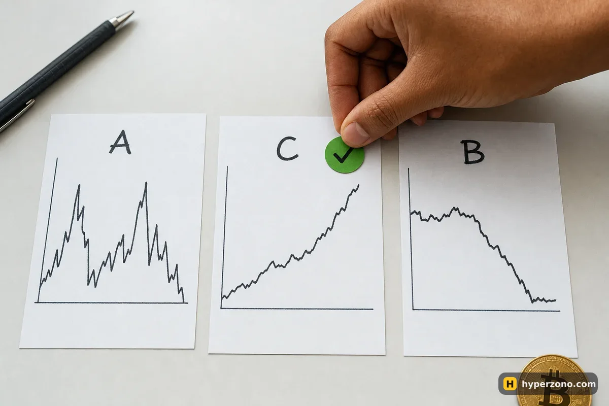 Three cards with simple profit curves on a desk; a hand marks the one with the steady rising line with a green check.