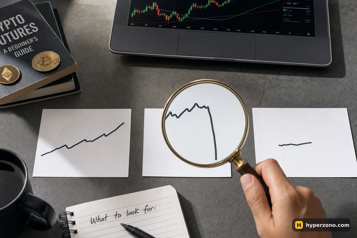Three index cards with hand-drawn trader equity curves, a magnifying glass over the one with a sudden crash