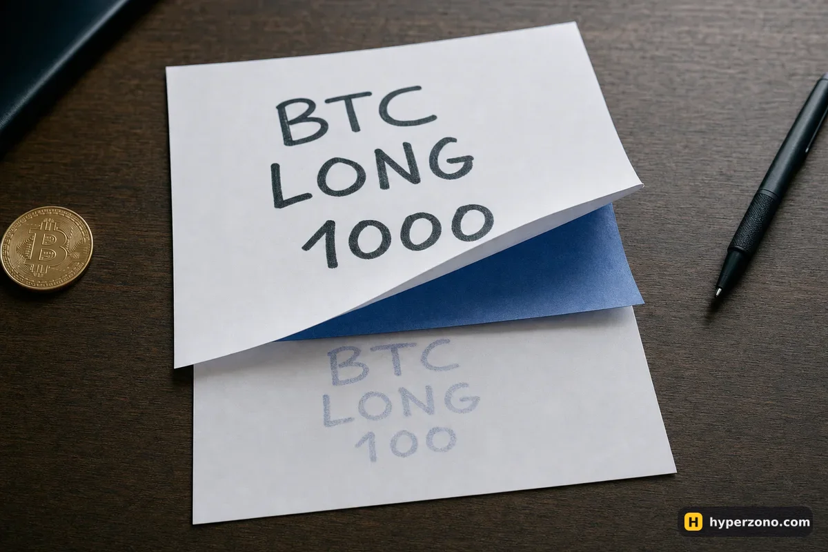 Two stacked sheets of paper with carbon paper between them: the top sheet reads BTC LONG 1000, the copy underneath reads the same at 100