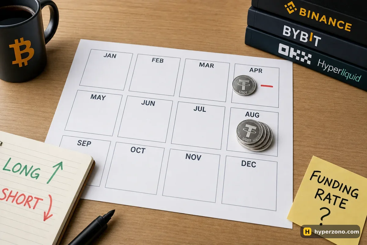 A printed year calendar with a stack of USDT coins on August and a single coin with a minus sign on April