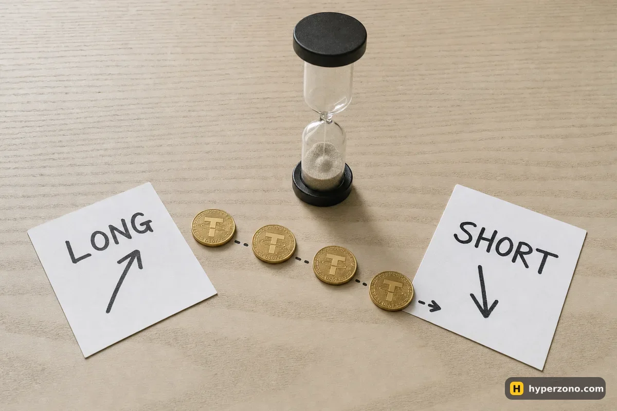 Hourglass between two cards marked LONG and SHORT, with gold coins moving from the long side to the short side
