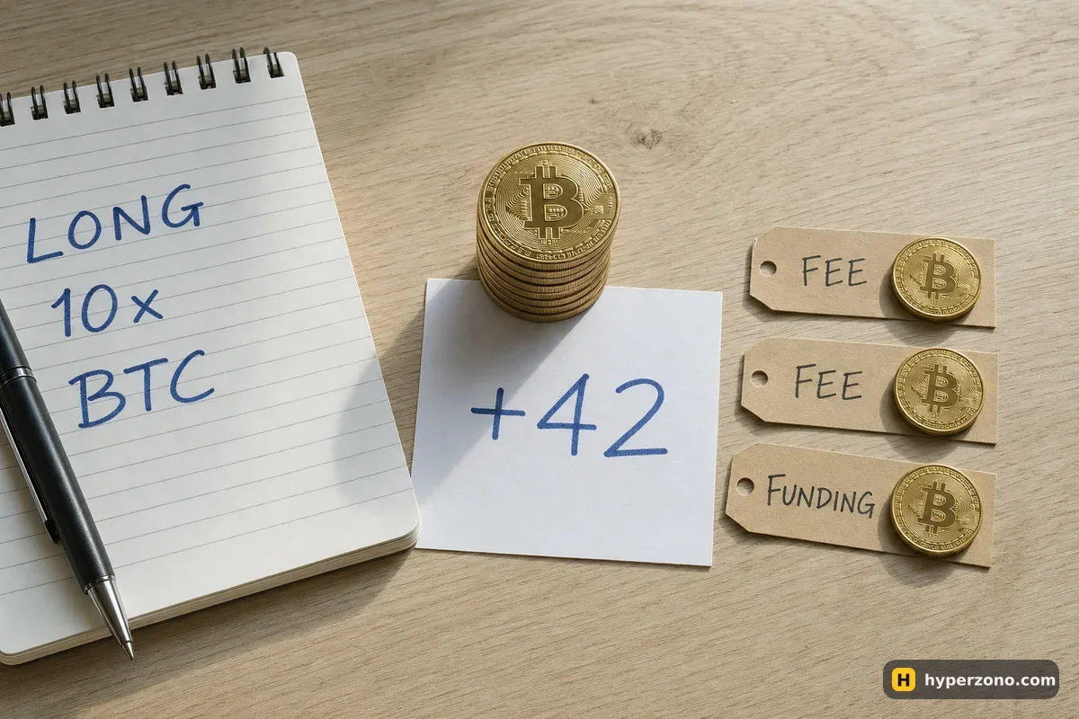 A paper slip marked +42 with a stack of coins, and three coins pushed aside onto tags reading FEE, FEE and FUNDING