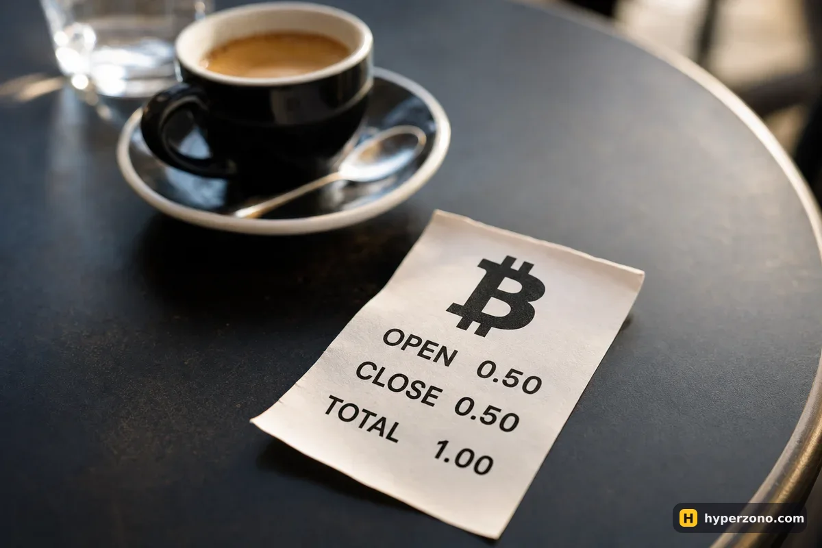 A small paper receipt on a café table showing an opening fee, a closing fee and a total for a bitcoin trade