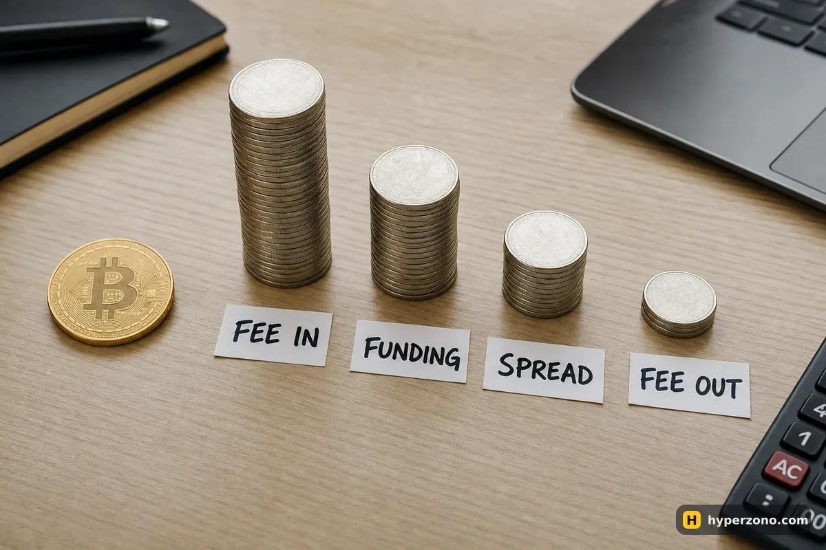 Four small coin stacks on a desk labelled FEE IN, FUNDING, SPREAD and FEE OUT, next to a gold Bitcoin coin