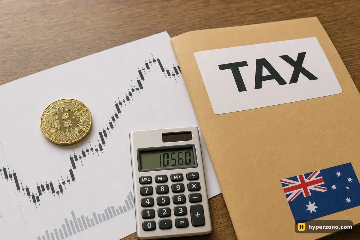 Bitcoin coin on a printed candlestick chart beside a calculator and a manila folder labelled TAX with an Australian flag sticker