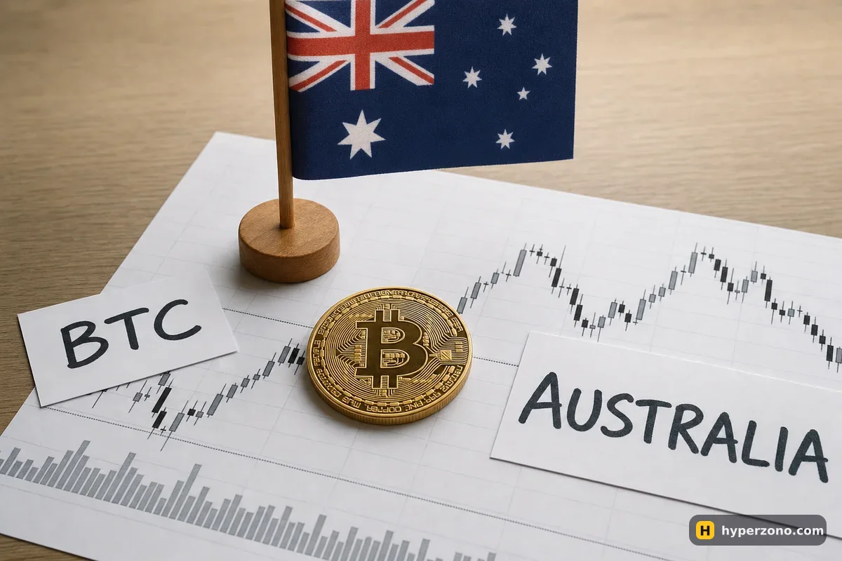 Bitcoin coin on a printed candlestick chart next to a small Australian desk flag and a card reading AUSTRALIA
