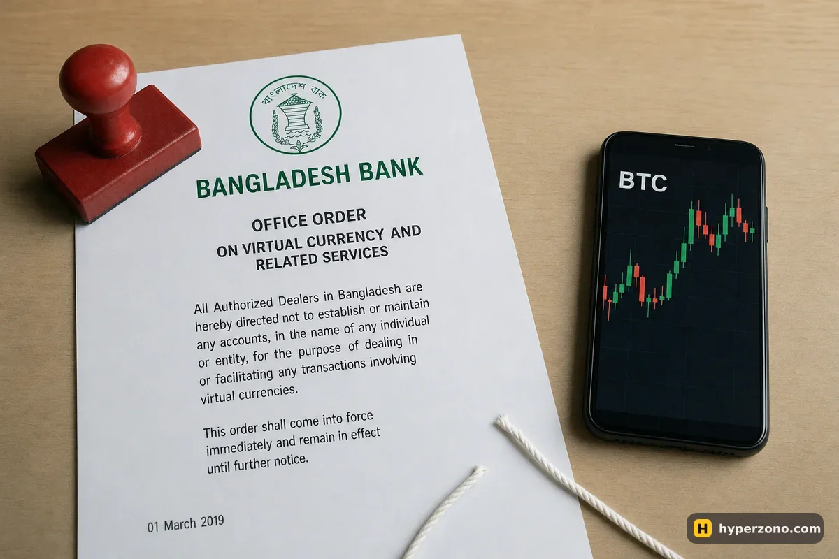 A printed Bangladesh Bank notice and a phone showing a Bitcoin chart, with a cut piece of string lying between them