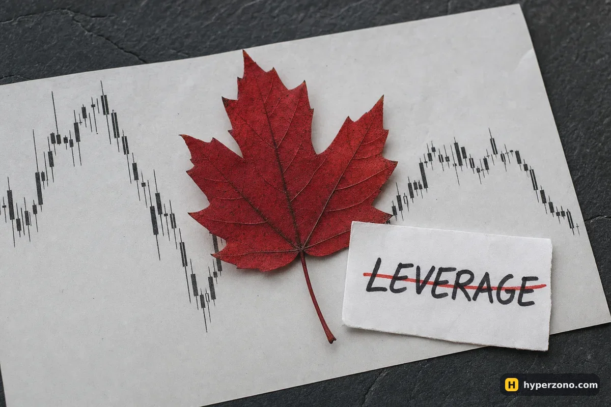 A red maple leaf on a printed candlestick chart beside a card reading LEVERAGE crossed out in red