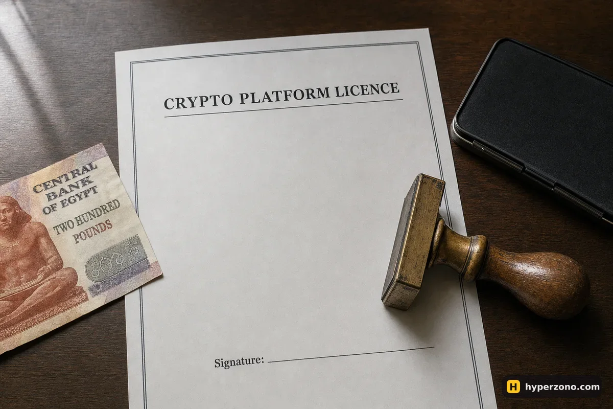 A blank crypto platform licence form on a desk with an unused brass stamp and a closed ink pad