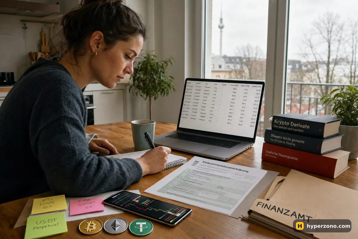 A woman at a kitchen table copying trade dates from a spreadsheet into a notebook, with a tax form and a folder marked Finanzamt beside her