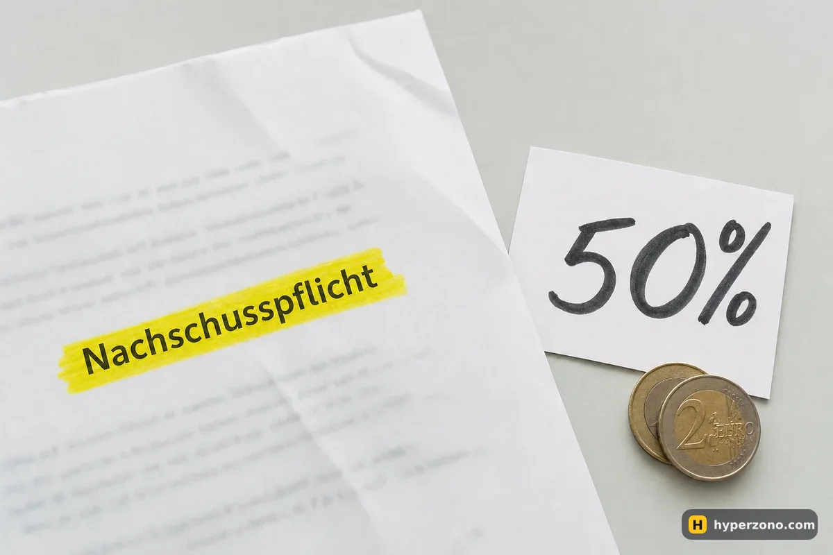 A printed German document with the word Nachschusspflicht highlighted in yellow, next to a card reading 50% and two euro coins