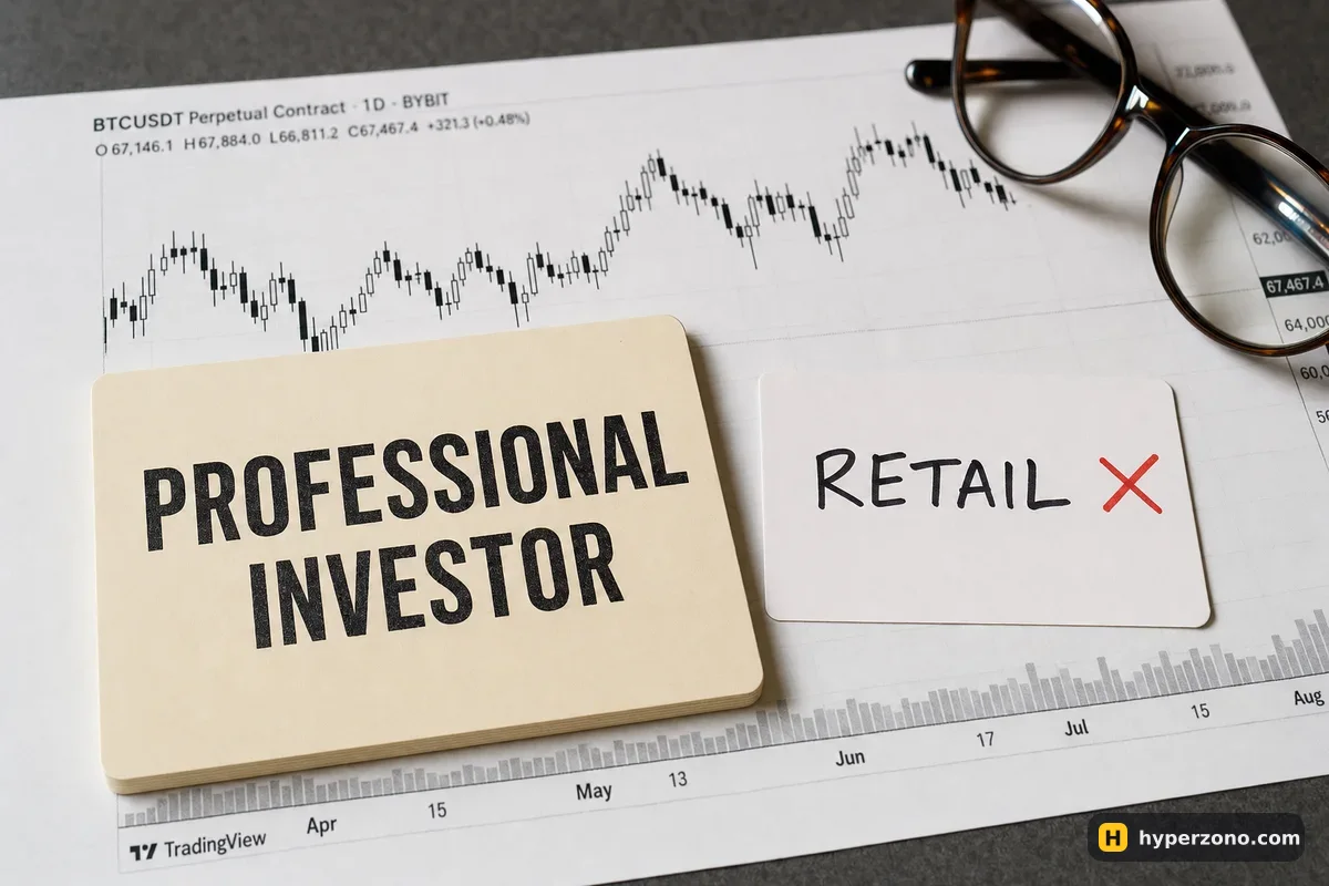 Two printed cards labelled PROFESSIONAL INVESTOR and RETAIL lying on a candlestick chart on a desk