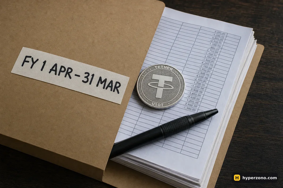 An open brown file folder labelled with an Indian financial year, holding printed trade reports, with a USDT coin and a pen on top