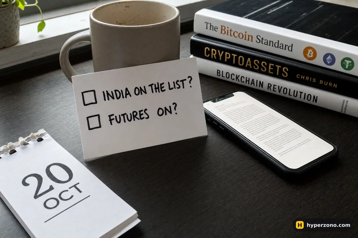 An index card on a desk with two handwritten checkboxes asking whether India is on the restricted list and whether futures are available, next to a phone showing a help page