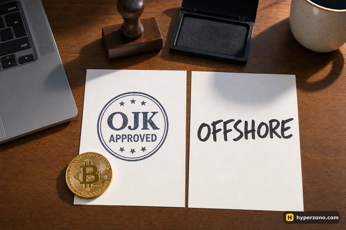 Two paper sheets on a desk, one stamped OJK APPROVED, one marked OFFSHORE, with a rubber stamp and a Bitcoin coin