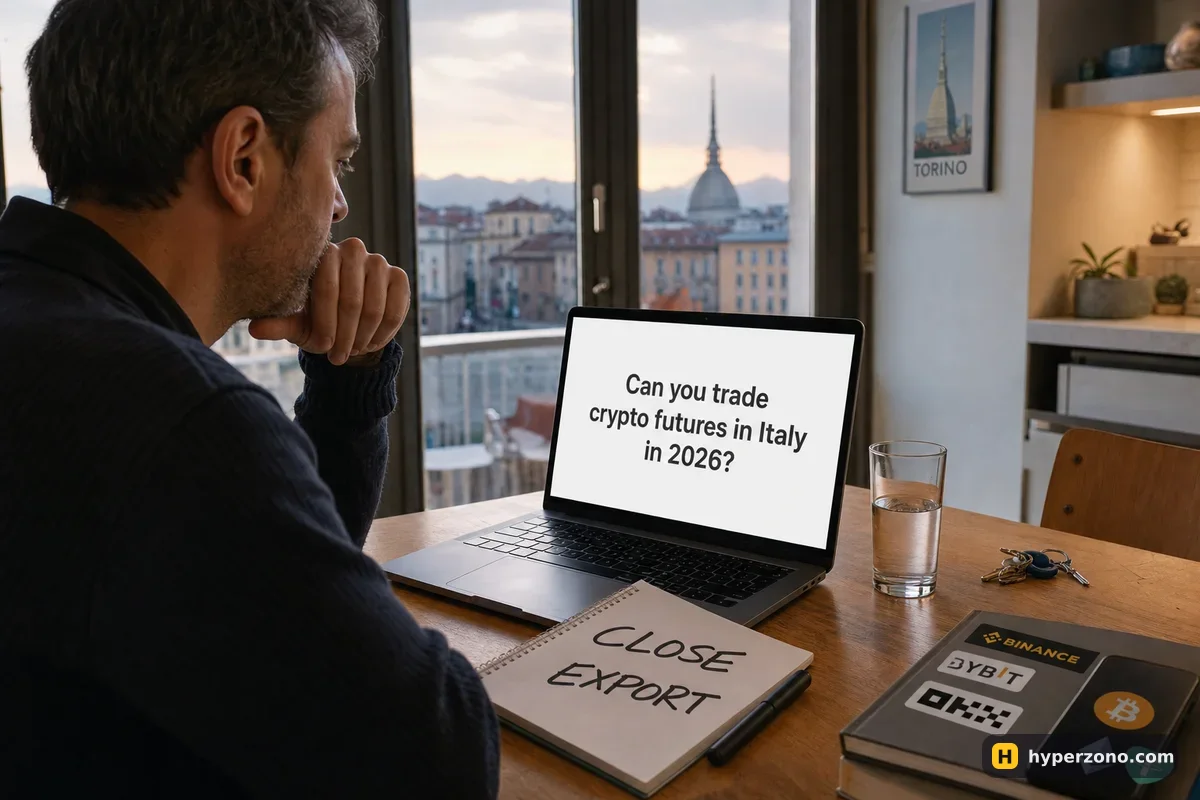A man at a kitchen table in Italy reading a plain notice page on a laptop, with a notepad reading CLOSE and EXPORT