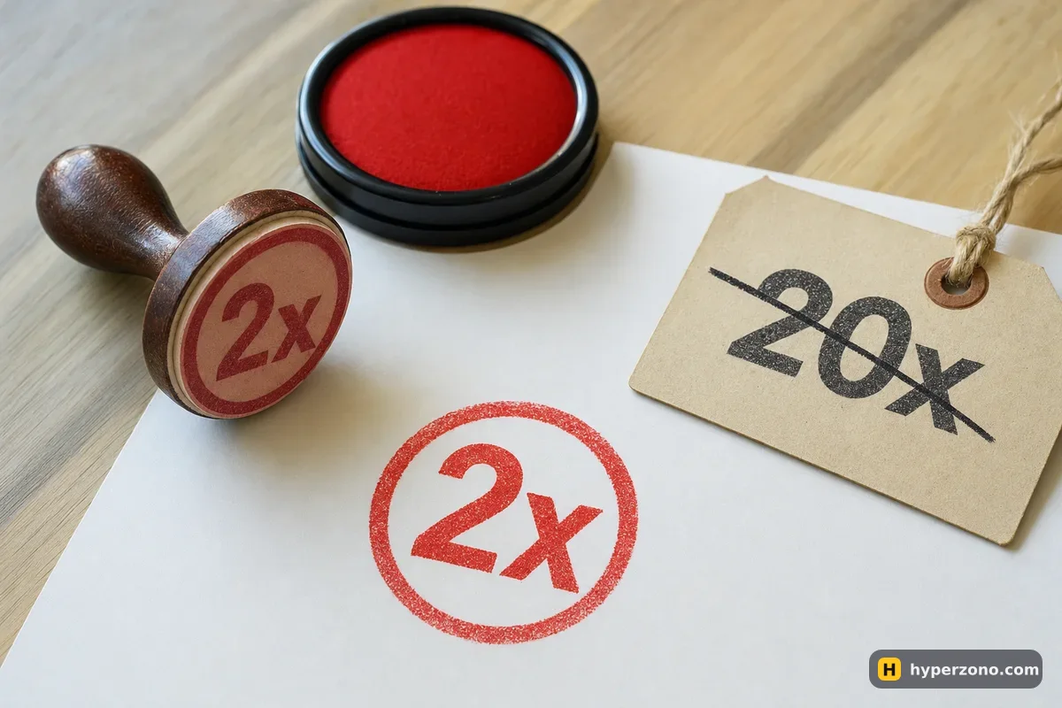 A red stamp mark reading 2x on a sheet of paper next to a crossed-out 20x tag