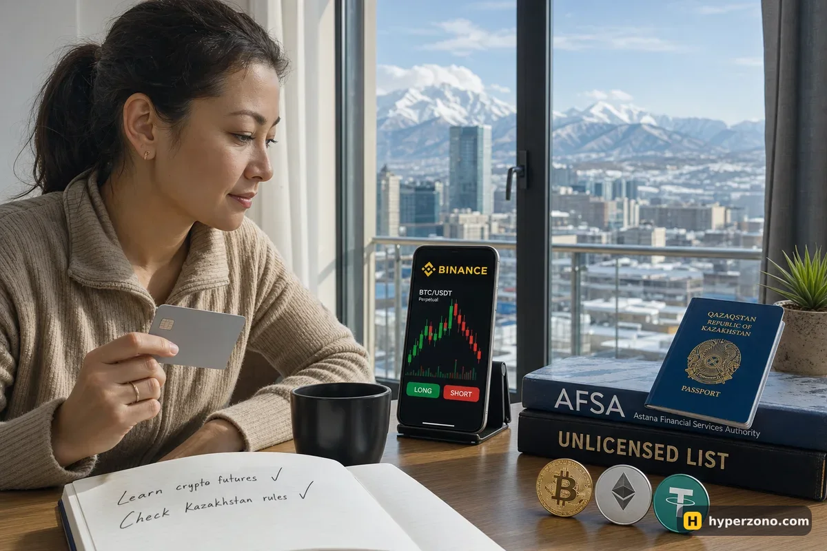 Woman at a desk in Almaty holding a bank card, phone showing a Bitcoin chart with the Binance logo