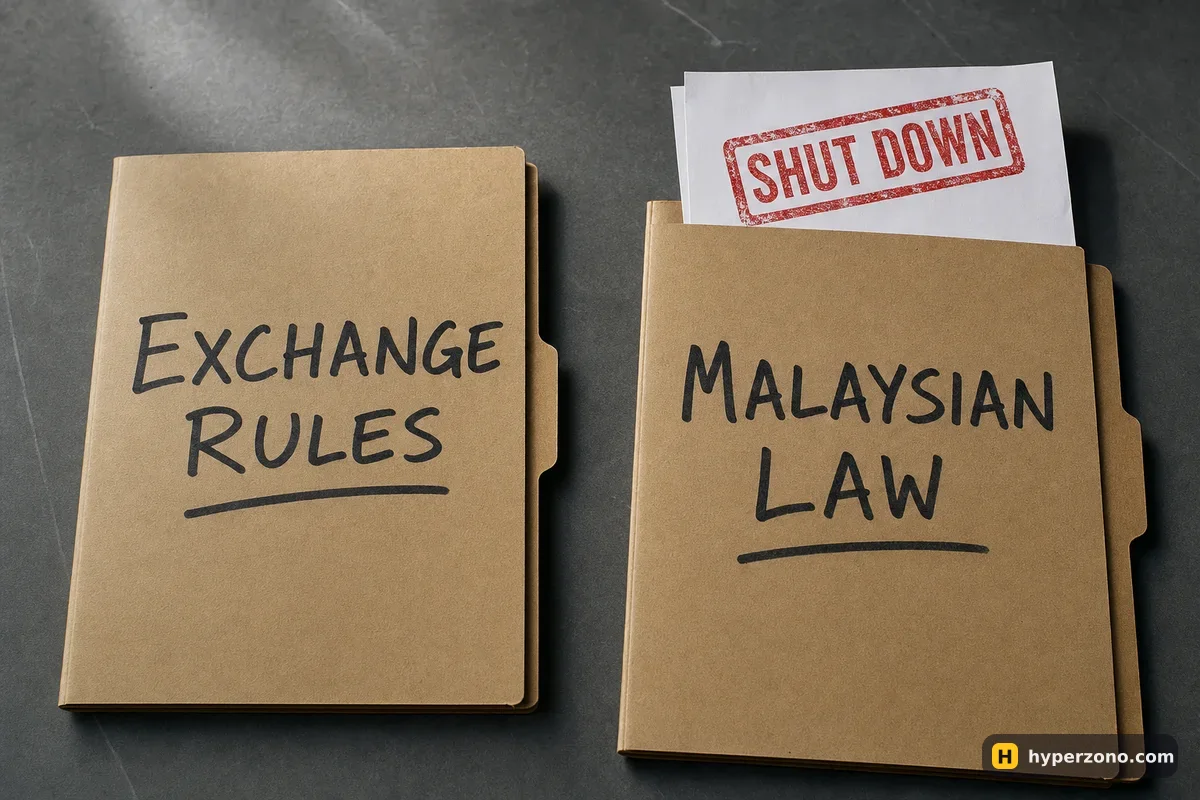 Two cardboard folders on a desk labelled EXCHANGE RULES and MALAYSIAN LAW, with a stamped paper in the second one