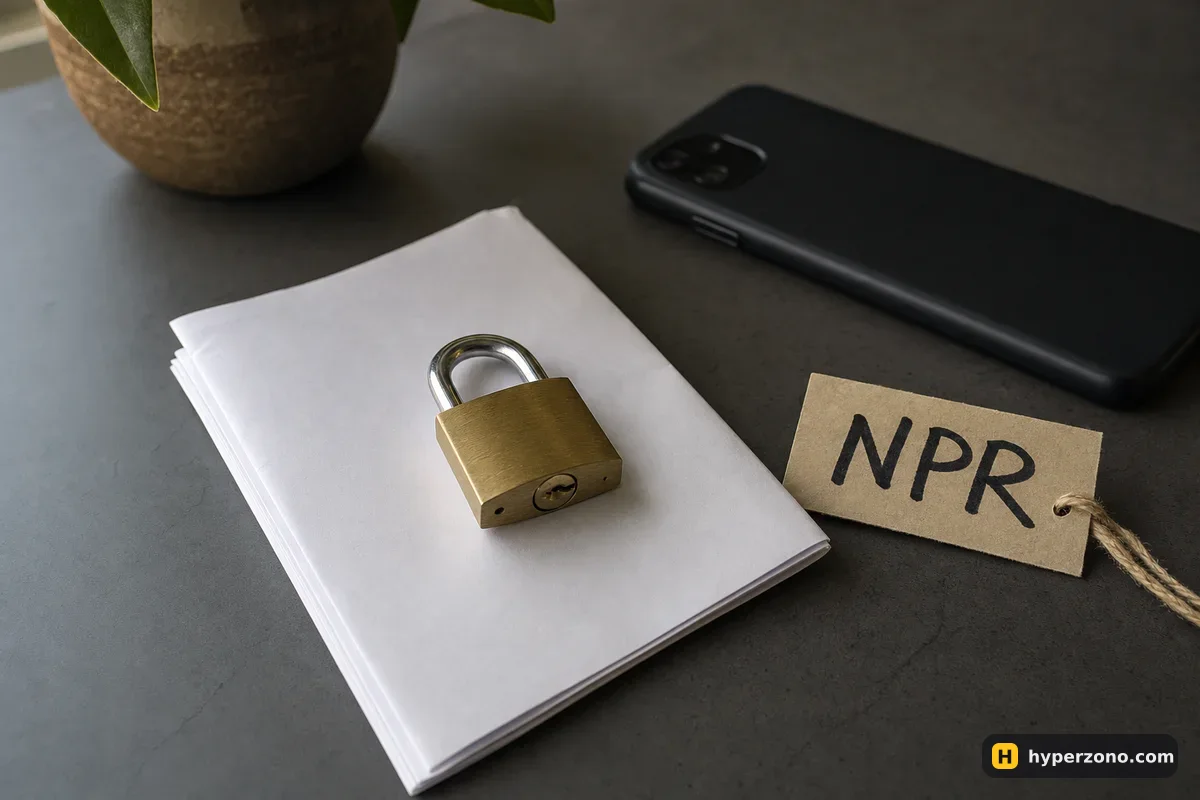 A closed brass padlock resting on a folded printed page next to a paper tag marked NPR