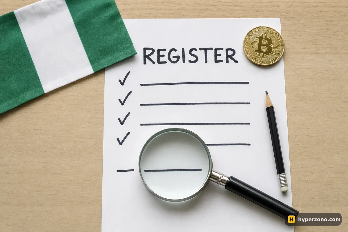 A paper headed REGISTER with four ticked name lines and one empty line under a magnifying glass, next to a Bitcoin coin