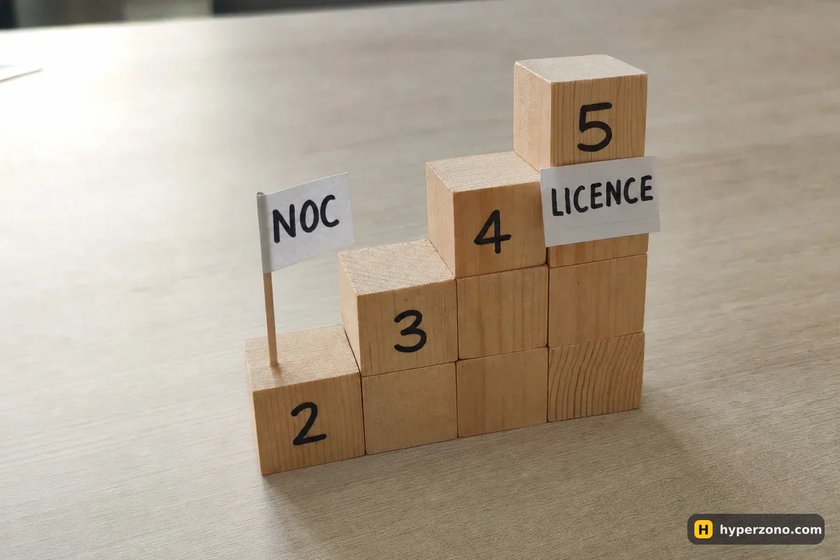Five numbered wooden blocks forming a staircase, with a paper flag marked NOC on the second step and a card reading LICENCE on the top step