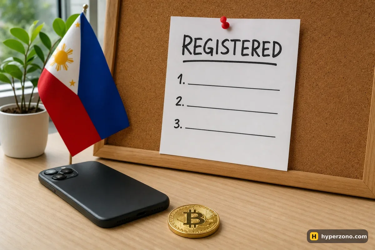A cork noticeboard with a sheet headed REGISTERED and empty lines below it, a face-down phone and a Bitcoin coin on the desk