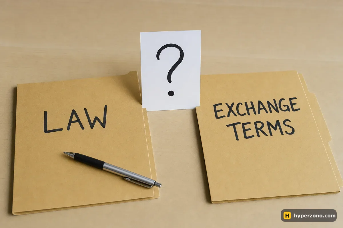 Two labelled folders on a desk, LAW and EXCHANGE TERMS, with a question mark card standing between them