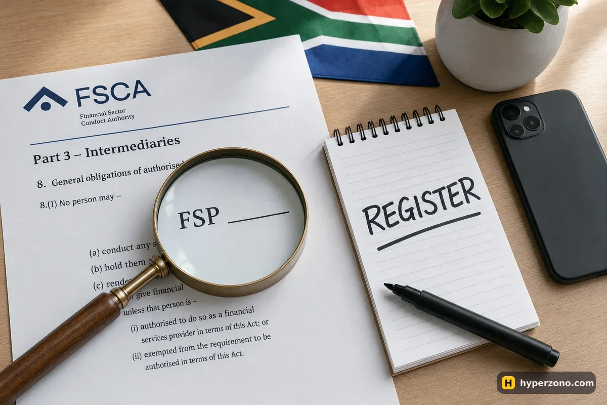 Magnifying glass over a printed line reading FSP, next to a notepad saying register