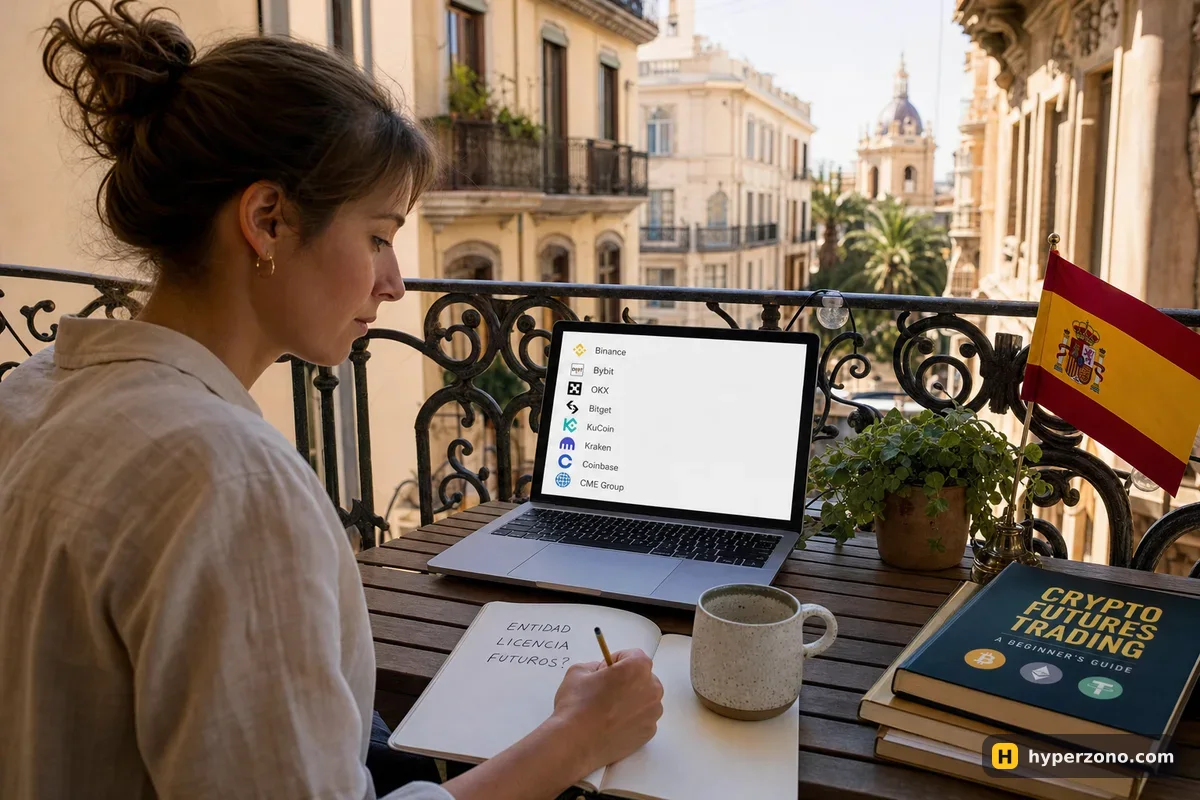 A woman on a balcony in Spain checking a register of company names on a laptop and writing three checks in a notebook