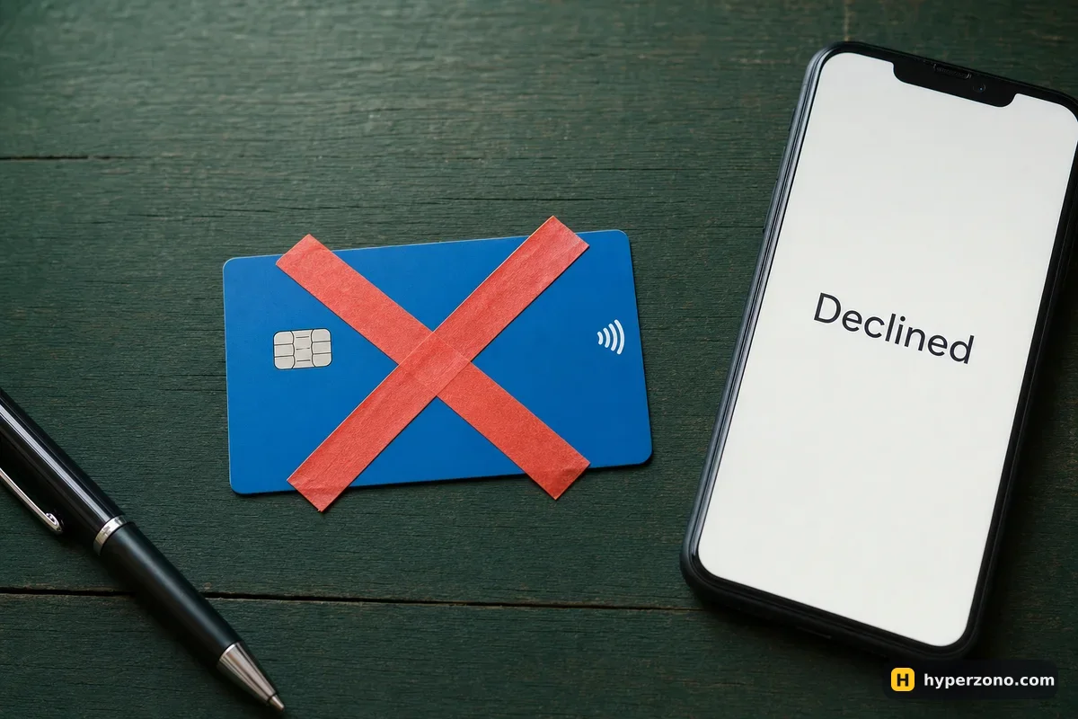 A blue bank card on a wooden desk with a red X of tape across it, next to a phone showing a declined payment