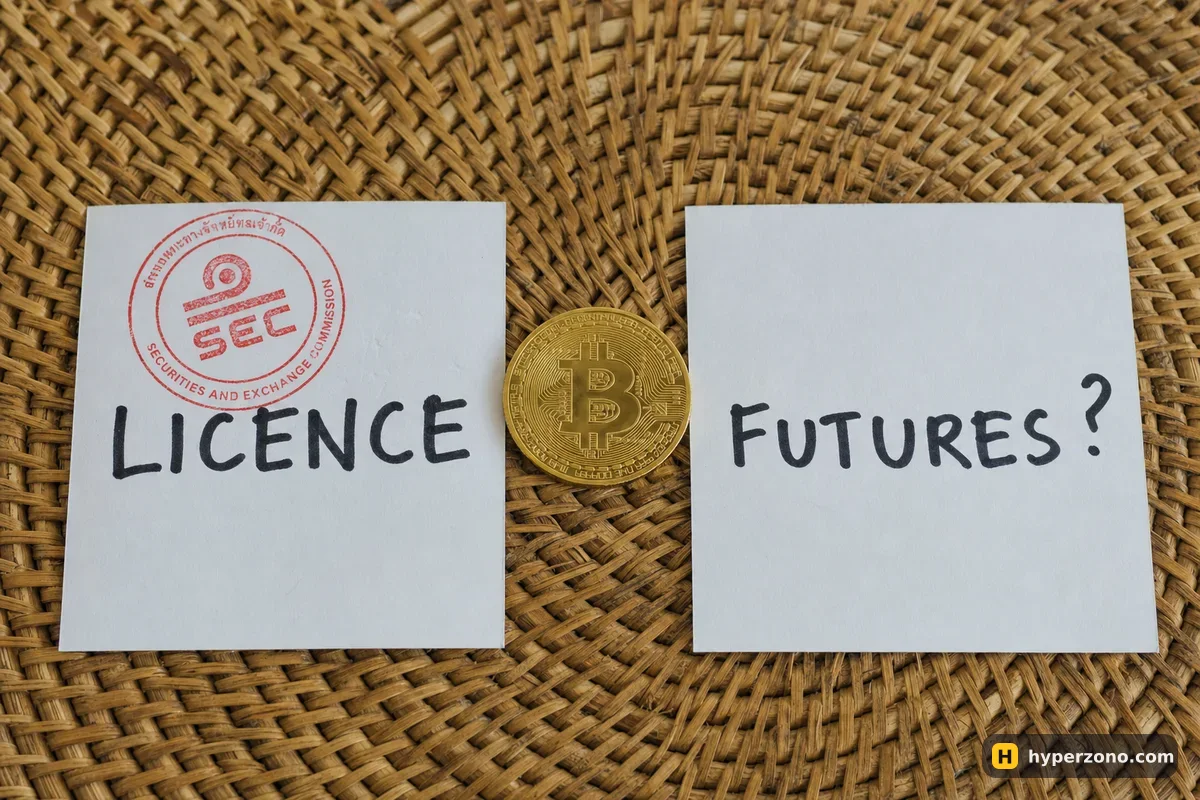 Two paper cards on a rattan mat: one marked LICENCE with an official stamp, one marked FUTURES with a question mark and no stamp